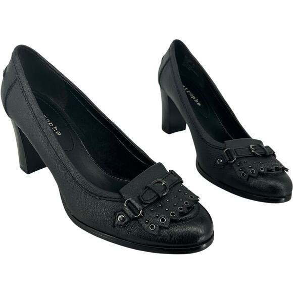 VTG y2k womens 9M black leather Apostrophe Keesha Penny Loafer buckle heel pumps - Picture 1 of 8